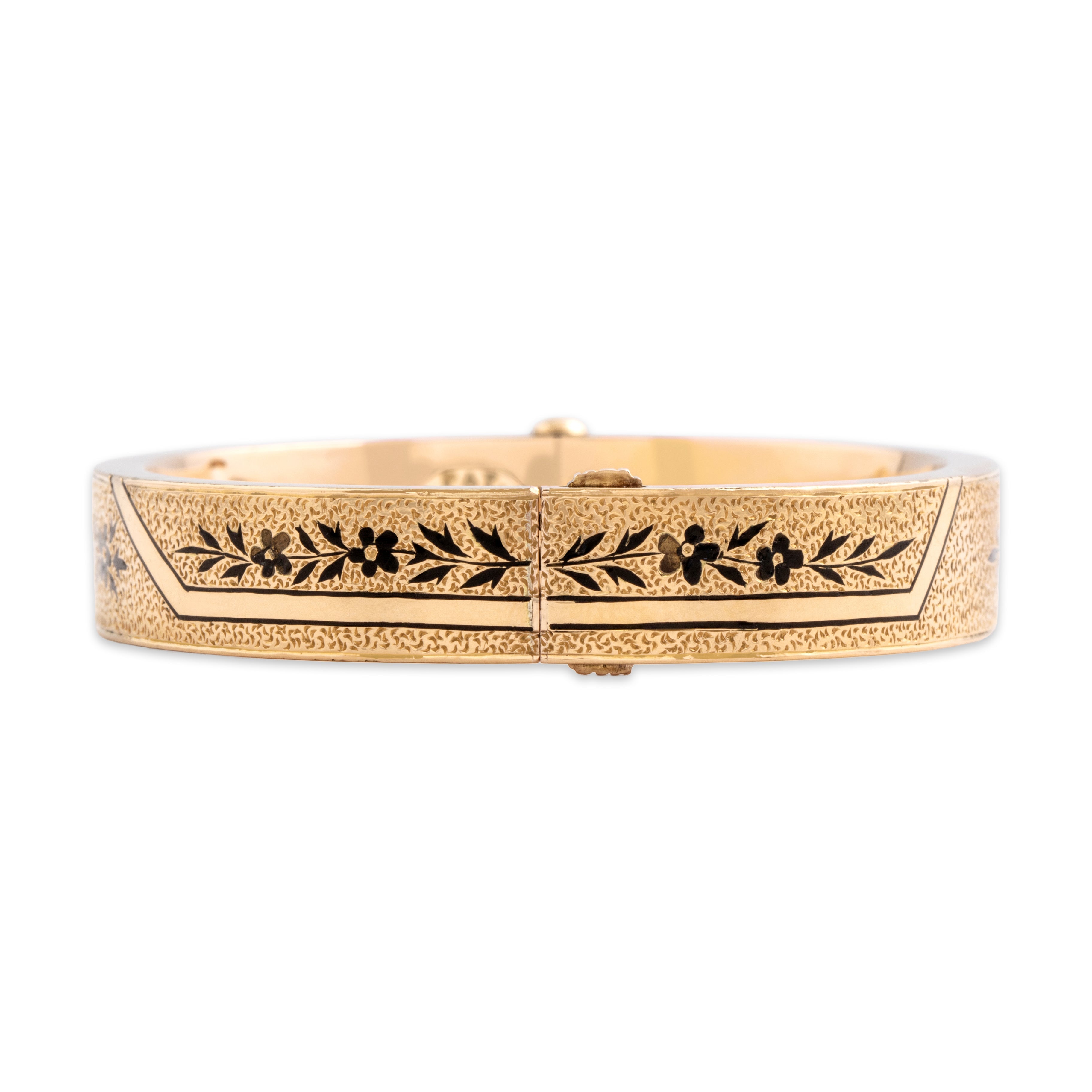 Antique Victorian 10k Yellow Gold Ornate Floral Enamel Bangle Bracelet - detail view #2