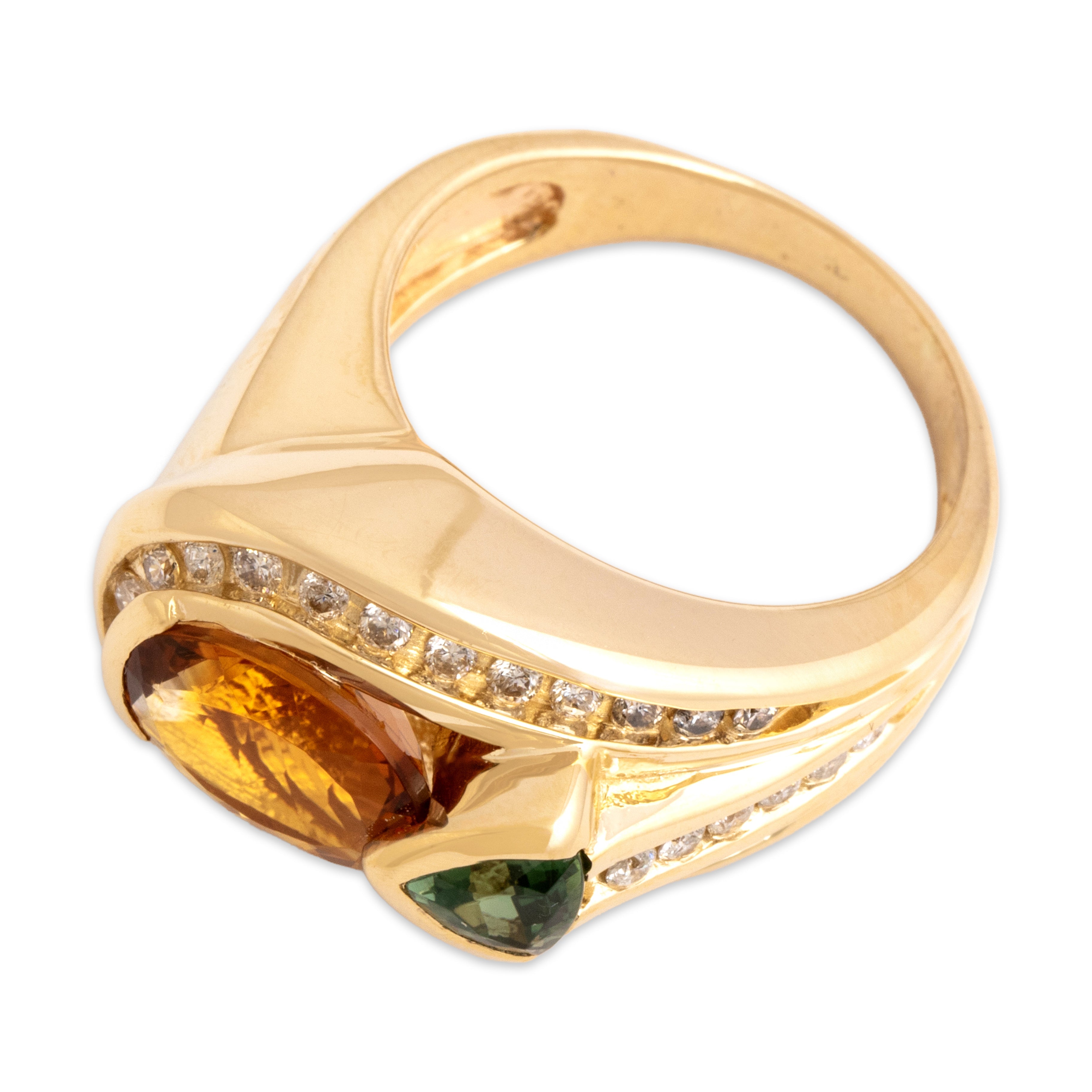 Vintage 14k Yellow Gold 2.03ct Citrine Green Tourmaline Diamond Bold Geometric Curve Ring - Overall view
