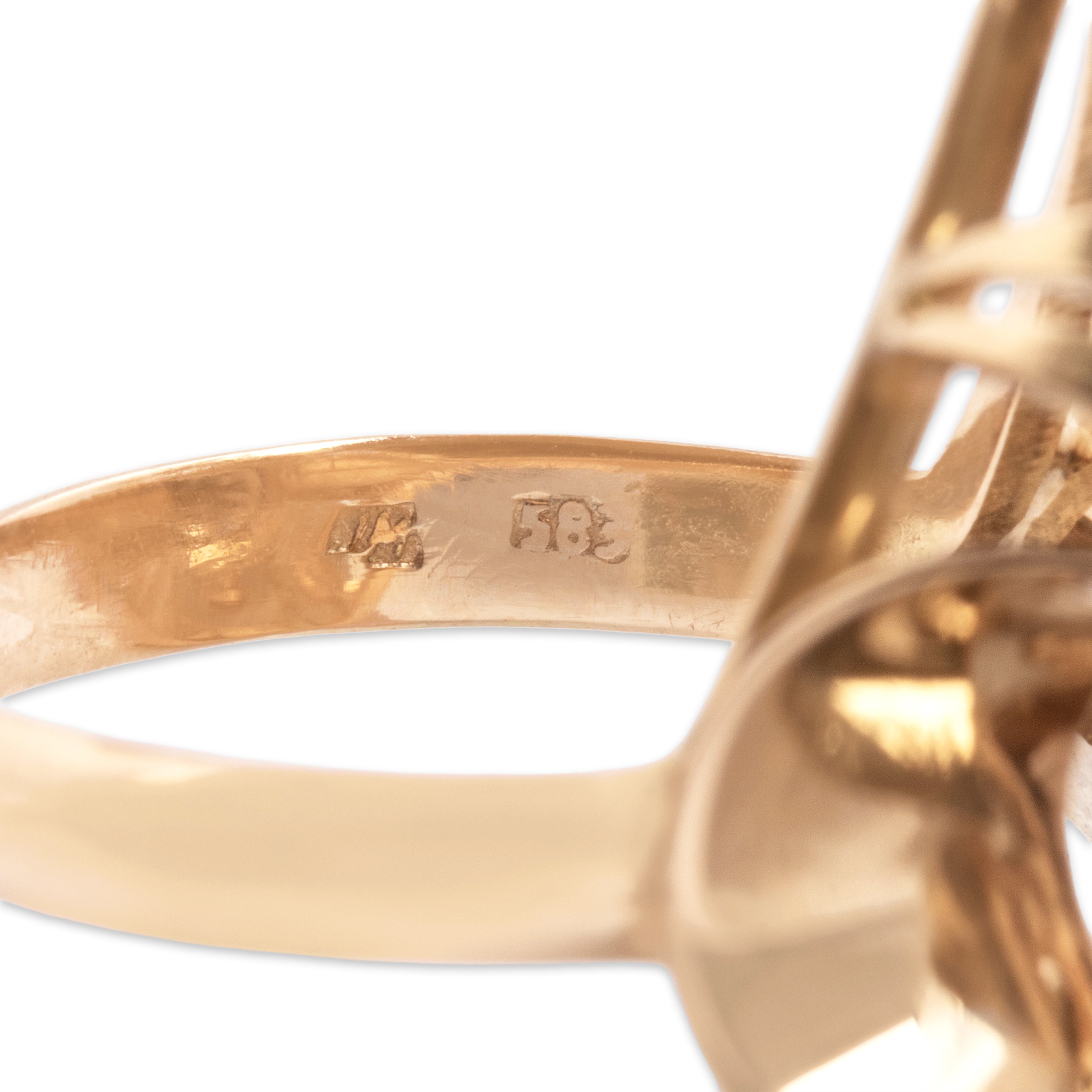 Vintage 14k Yellow Gold 5.12ct Smoky Quartz Bold Artistic Setting Cocktail Ring - Hallmark view