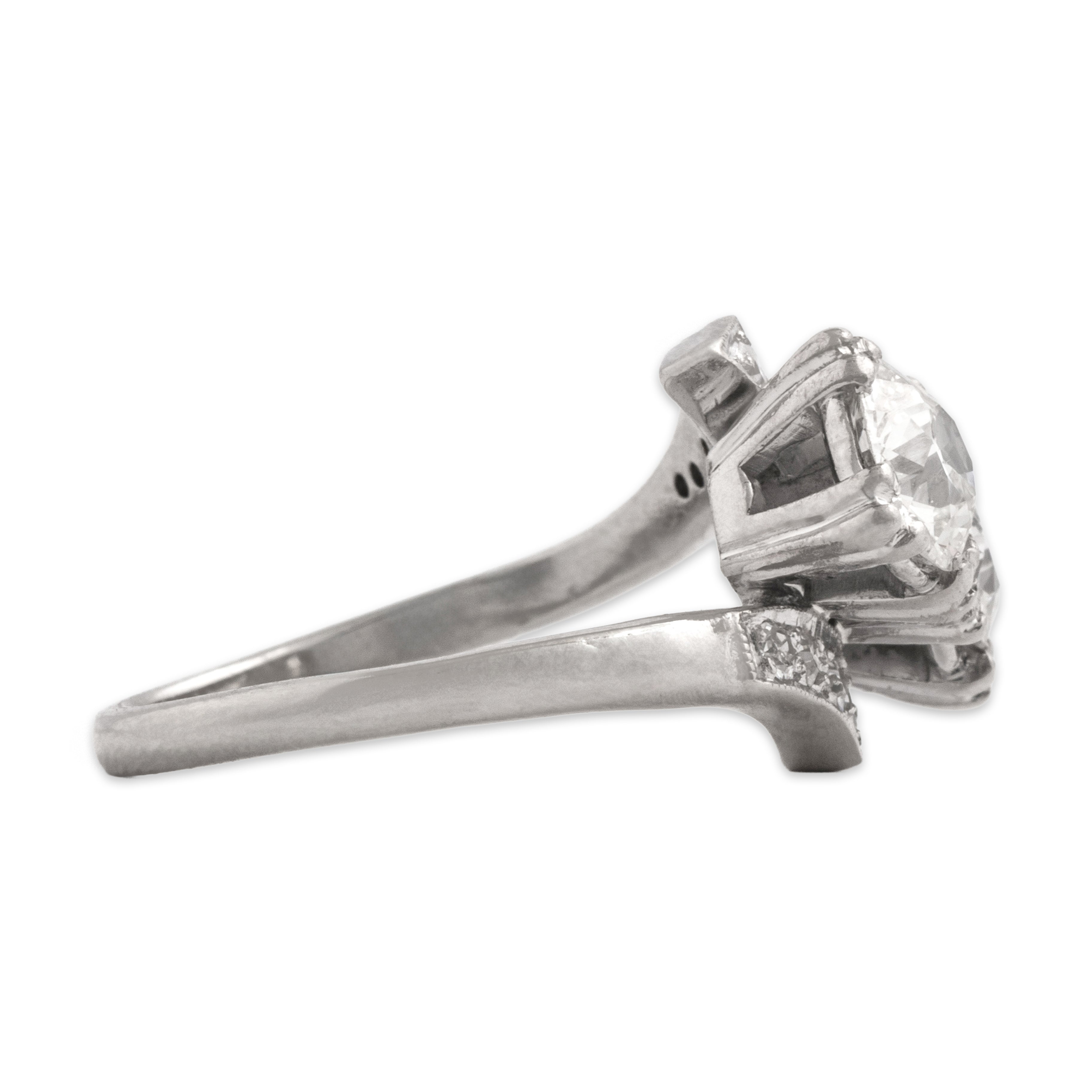 Antique 14k White Gold 1.22cttw Old European Cut Diamond Superb Toi Et Moi Bypass Ring - Side view