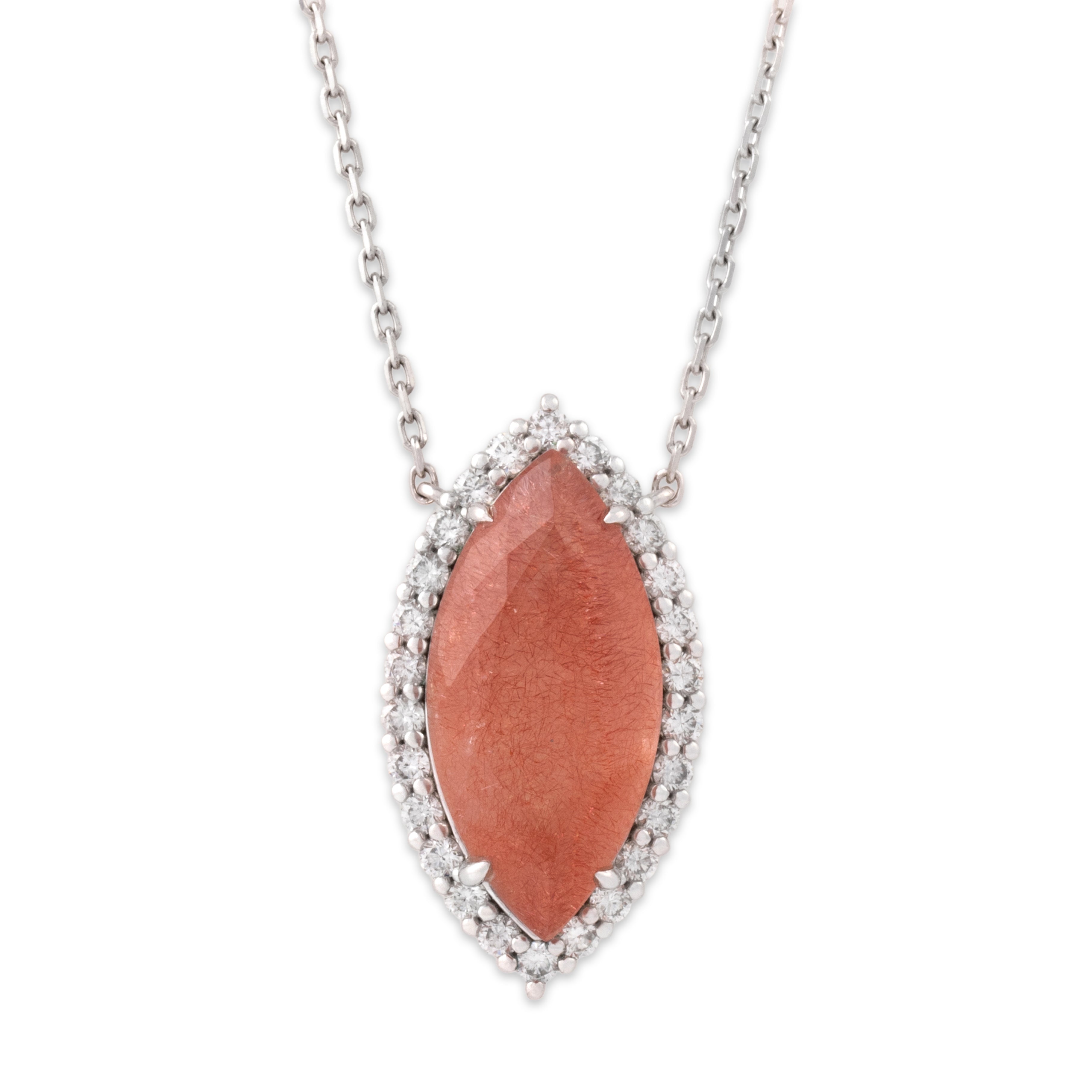 Estate Platinum 8.47ct Peach Rutilated Quartz .69cttw Diamond Stunning Oversized Glimmering Marquise Halo Necklace - detail view #2