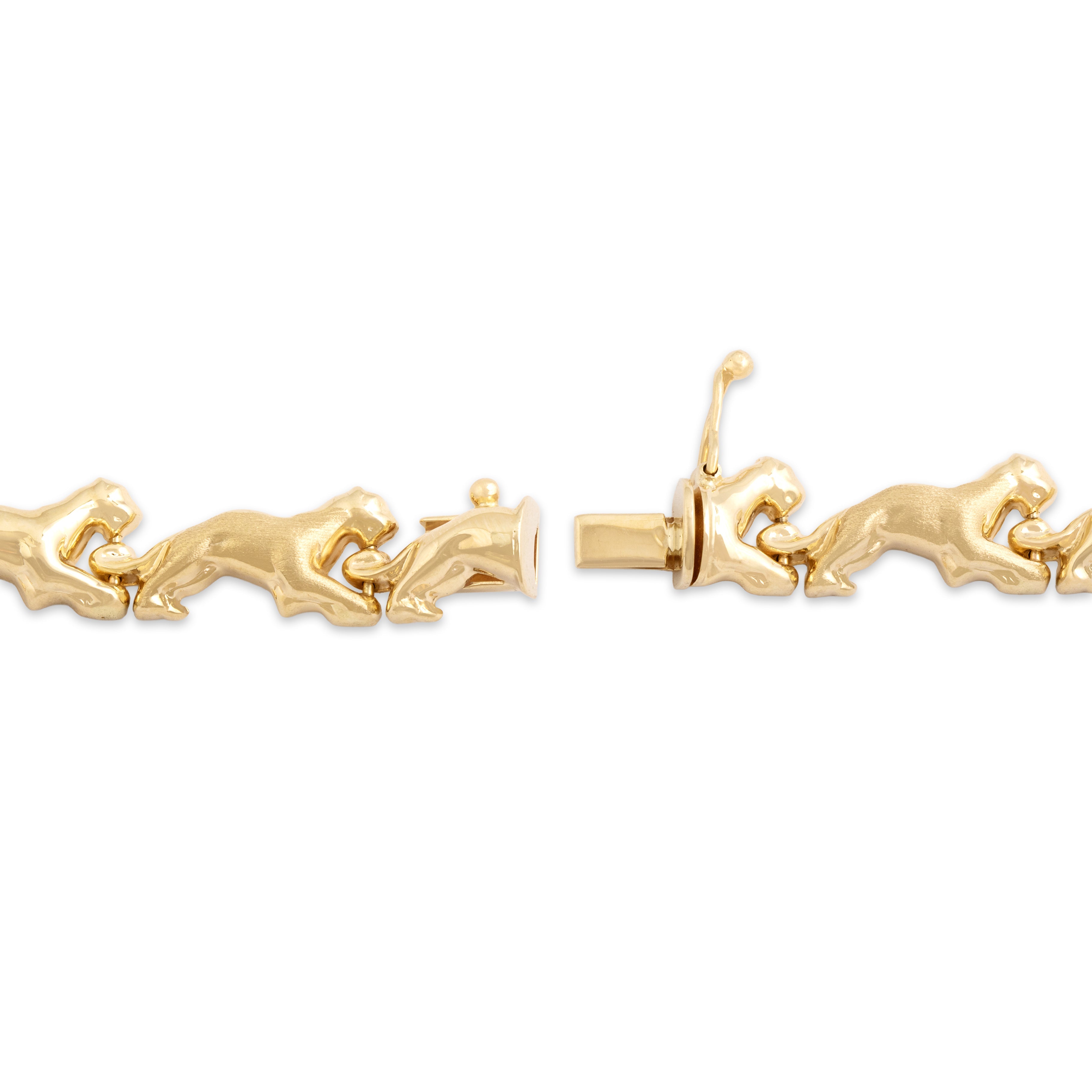 Vintage Italian 14k Yellow Gold Alternating Brushed Panther Link Bracelet - clasp view