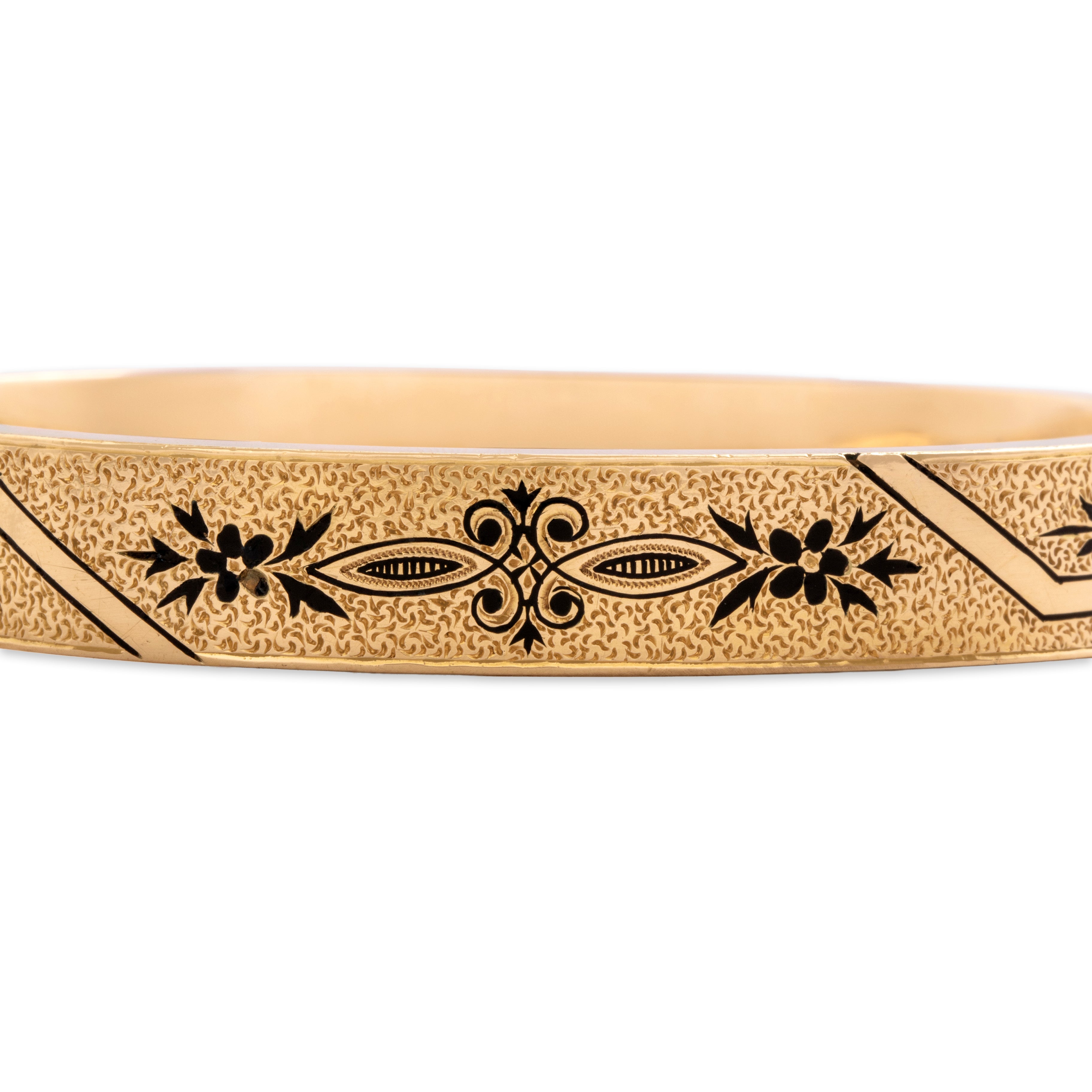 Antique Victorian 10k Yellow Gold Ornate Floral Enamel Bangle Bracelet - detail view #3