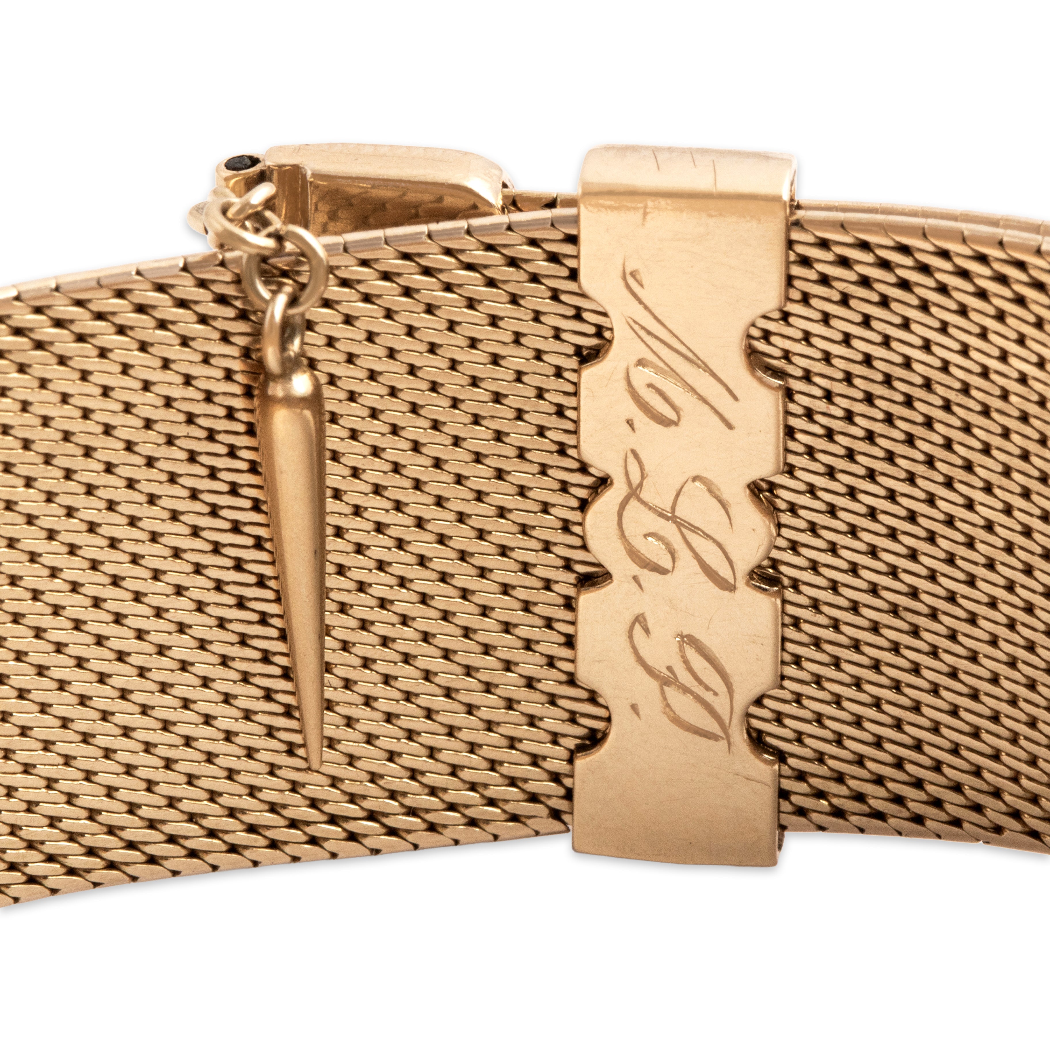 Antique Victorian Substantial 14k Yellow Gold Fantastic Hand-Engraved Slide Mesh Chain Fringe Adjustable Bracelet - Hallmark view