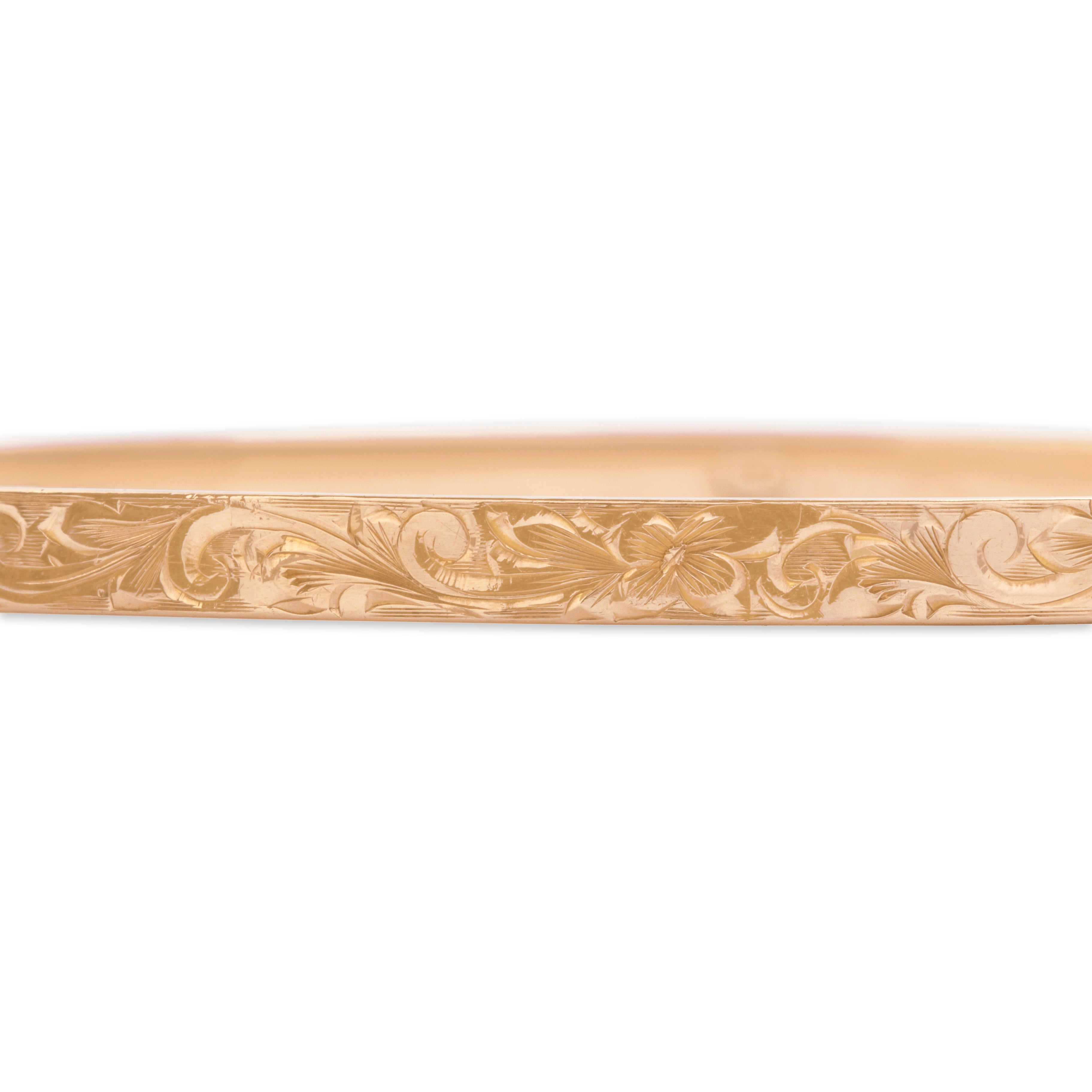 Antique Victorian 14k Rosy Yellow Gold Incredible Scrolling Floral Engraved Bangle Bracelet - detail view #8