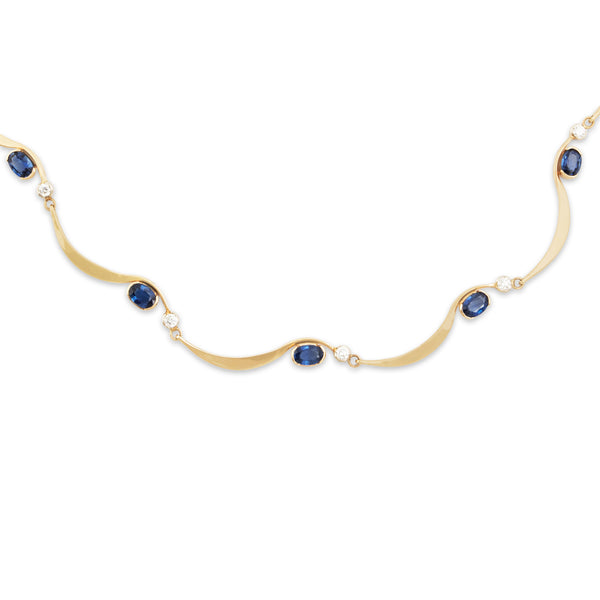 Vintage 14k Yellow Gold Blue Sapphire Diamond Stunning Wavy Station Necklace 17