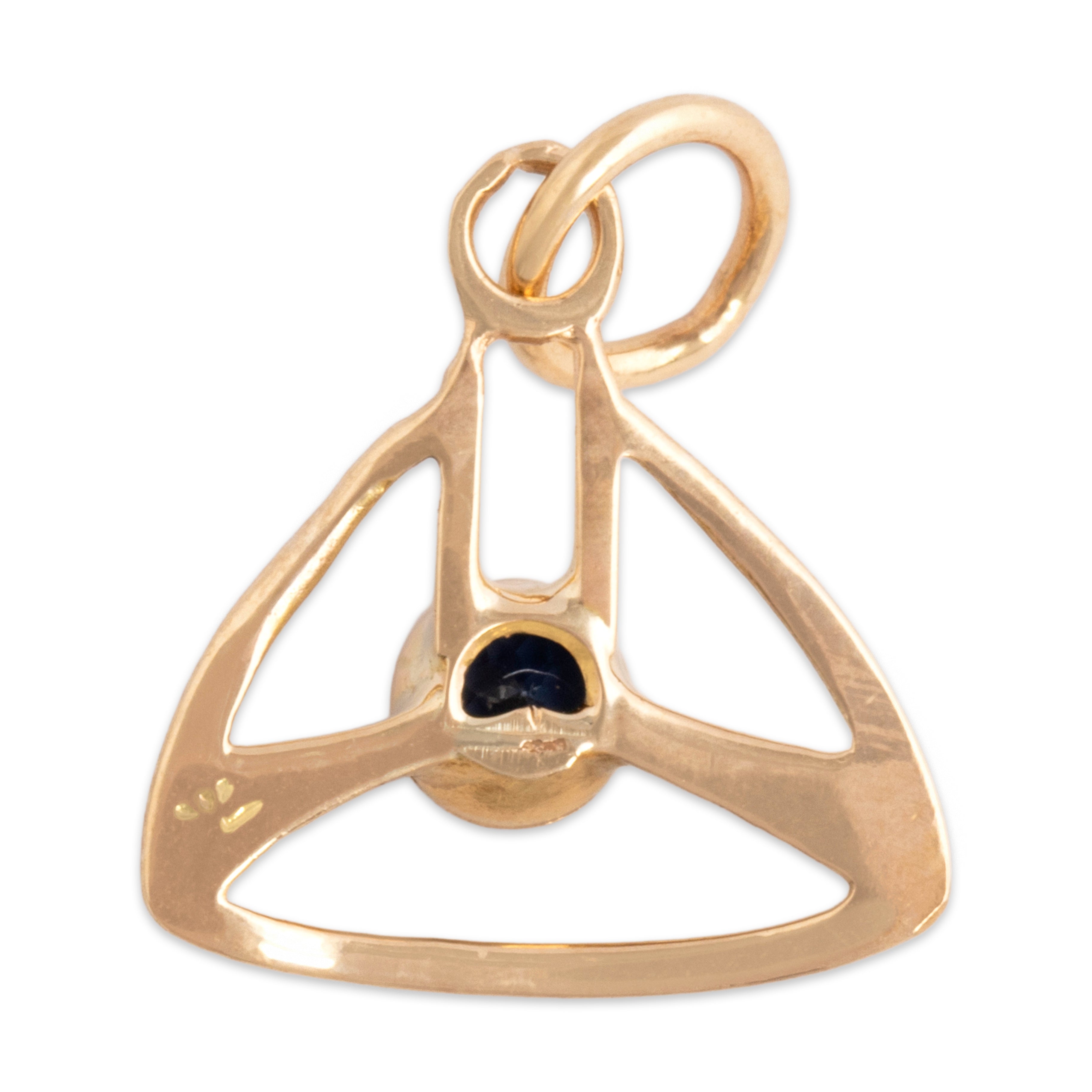 Antique Small 14k Yellow Gold Blue Synthetic Sapphire Open Triangle Charm / Pendant - Back view