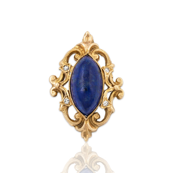 Antique 14k Yellow Gold 10.06ct Lapis Lazuli Diamond Classical Pendant / Brooch