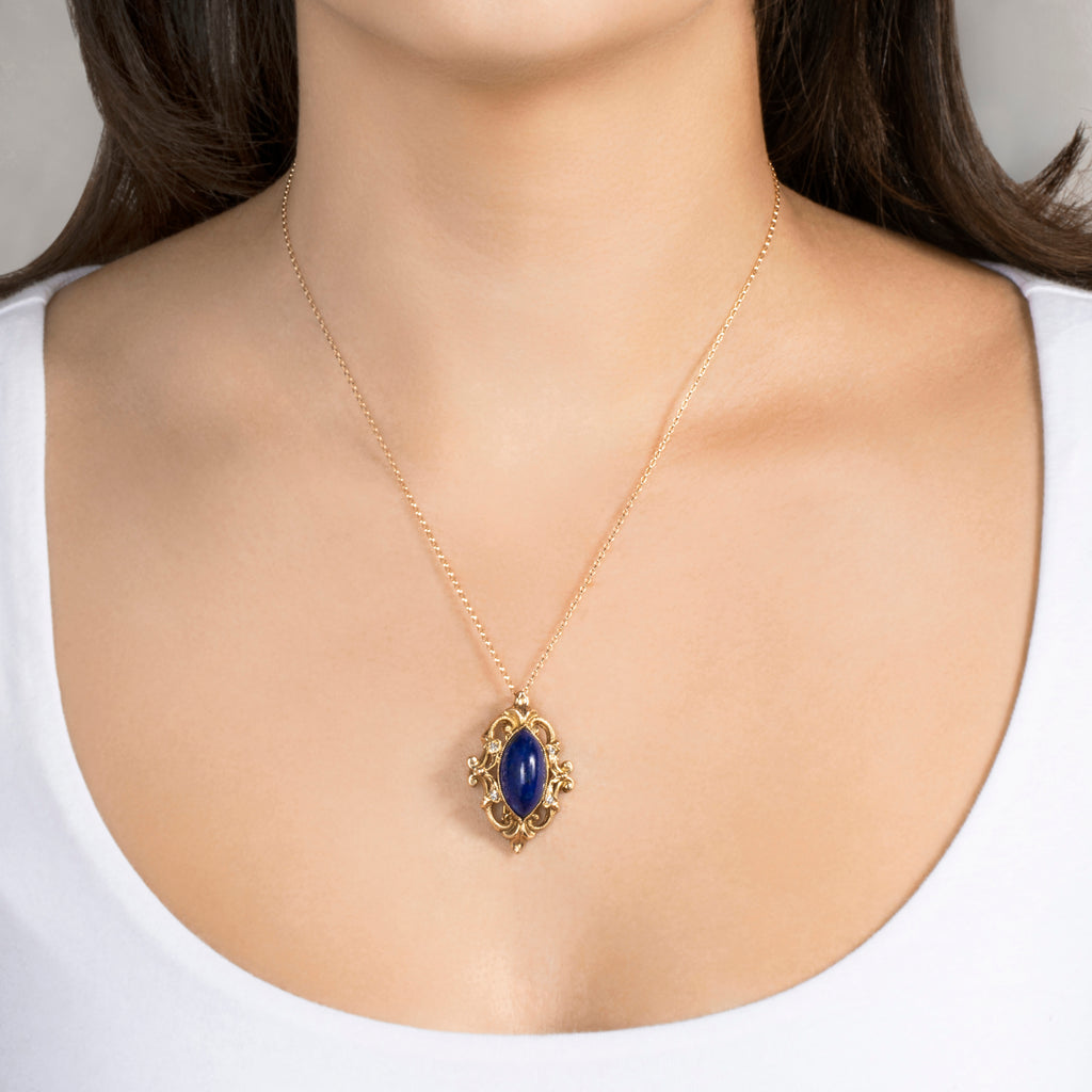Antique 14k Yellow Gold 10.06ct Lapis Lazuli Diamond Classical Pendant / Brooch