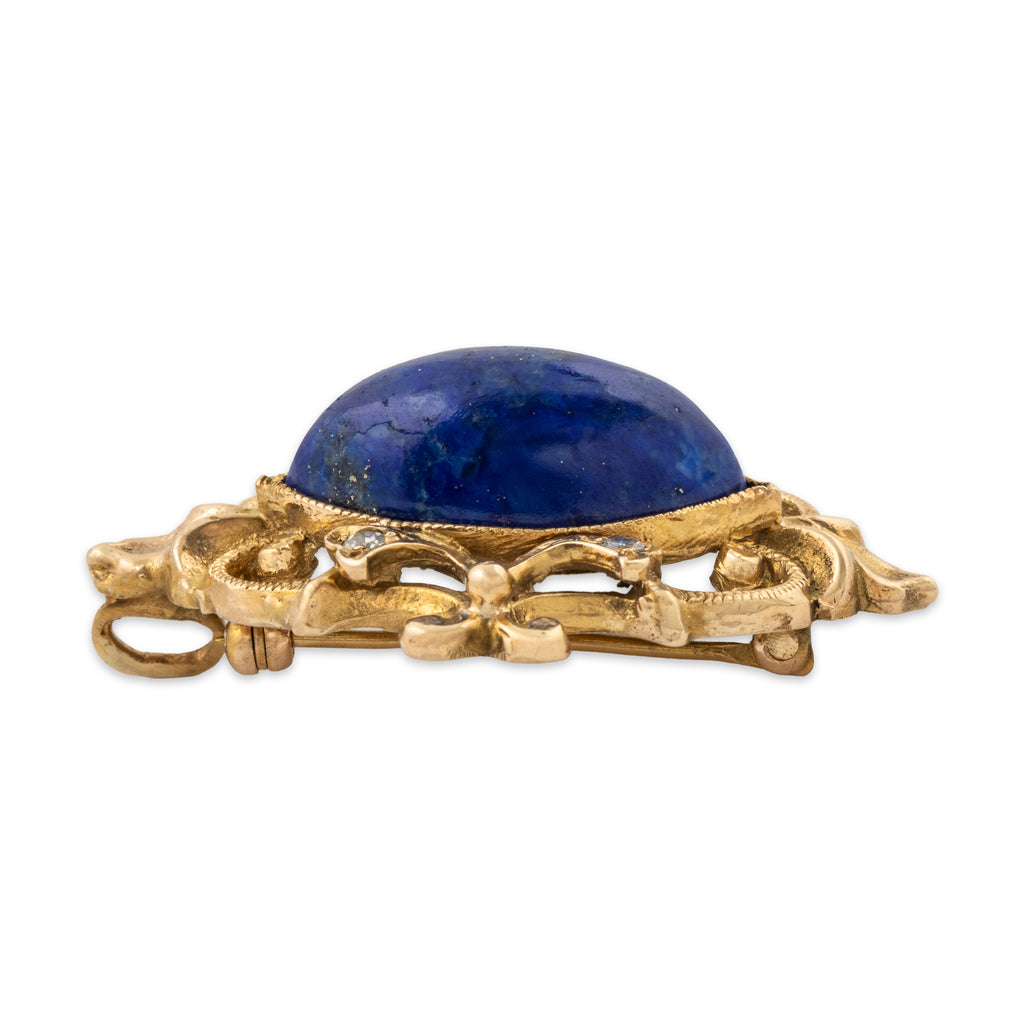 Antique 14k Yellow Gold 10.06ct Lapis Lazuli Diamond Classical Pendant / Brooch