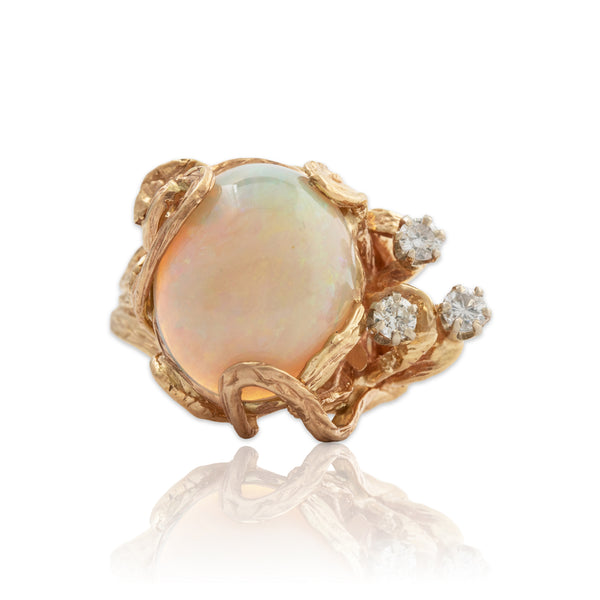 Vintage 14k Yellow Gold 6.82ct Opal .324cttw Diamond Brutalist Dream Ring 4.75