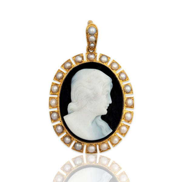 Antique Large Victorian 18k Yellow Gold Onyx Cameo Pearl Pendant
