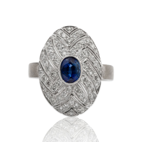 Vintage 18k White Gold Sapphire .684cttw Diamond Art Deco Style Statement Ring