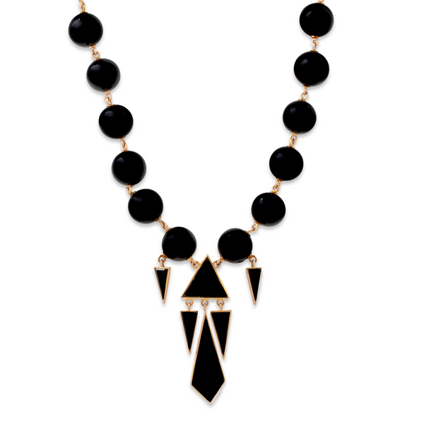 Vintage Heavy Art Deco 14k Yellow Gold Onyx Geometric Statement Necklace 20