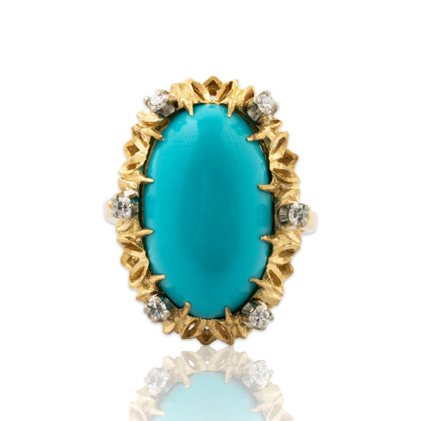 Vintage Large 18k Yellow Gold 10.2ct Turquoise .21cttw Diamond Brutalist Ring