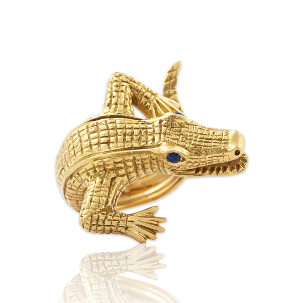 Vintage Heavy 18k Yellow Gold Sapphire Large Fierce Alligator Ring 7.00