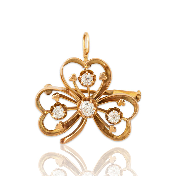 Antique Large 14k Yellow Gold .60cttw Diamond Elegant Openwork Clover Pendant