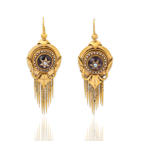Antique Victorian 14k Yellow Gold 6.24cttw Garnet Pearl Fringed Beauty Earrings