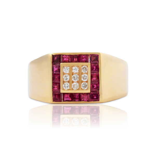 Vintage Large 18k Yellow Gold Ruby Diamond Squared Away Statement Ring 10.75
