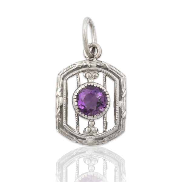 Antique Art Deco 14k White Gold Amethyst Shield Charm / Pendant