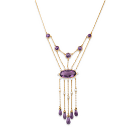 Antique 14k Gold 19.41cttw Amethyst Pearl Royal Purple Cascade Statement Necklace 15.5"