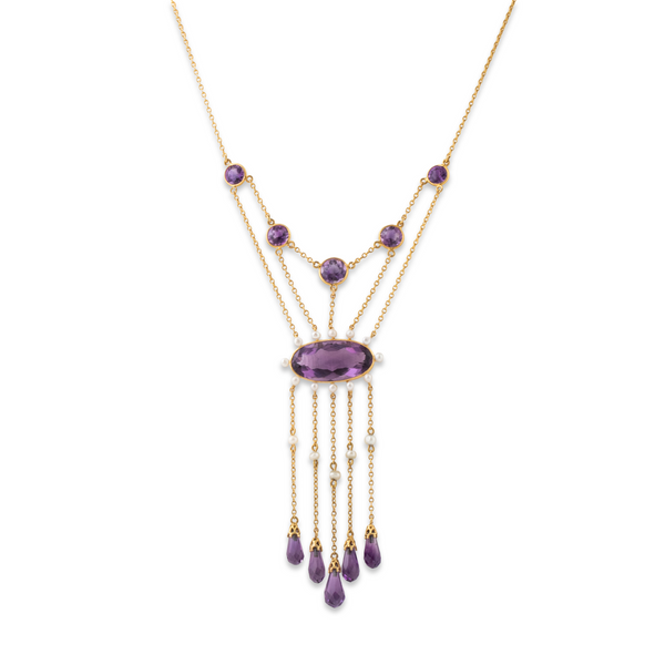 Antique 14k Gold 19.41cttw Amethyst Pearl Royal Purple Cascade Statement Necklace 15.5