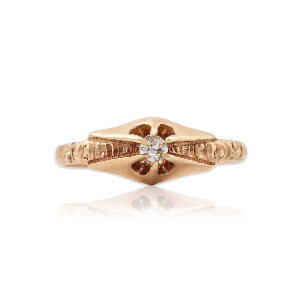Antique 14k Rosy Yellow Gold Old Mine Diamond Scroll Solitaire Ring 5.25