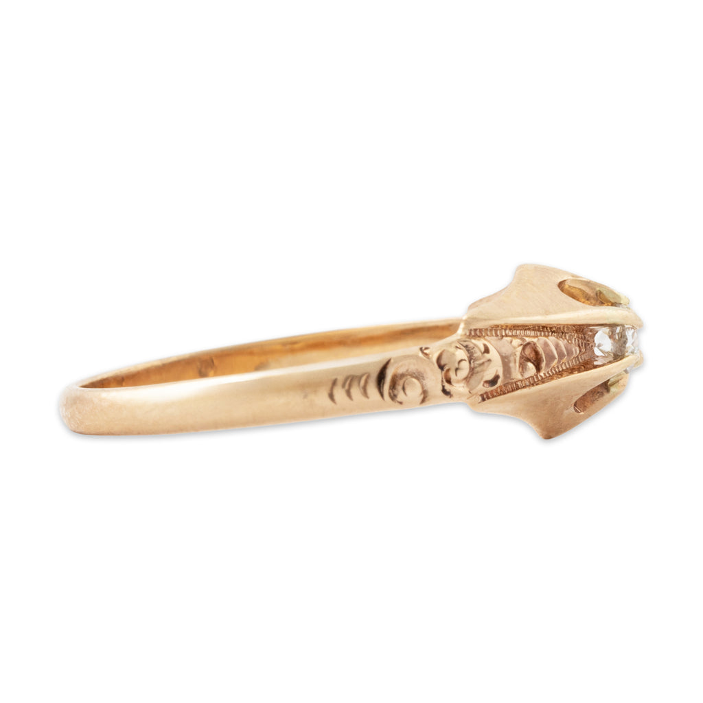 Antique 14k Rosy Yellow Gold Old Mine Diamond Scroll Solitaire Ring 5.25