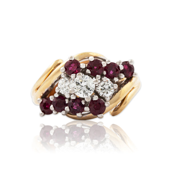 Vintage 14k Yellow Gold 1cttw Ruby .50cttw Diamond High Set Cocktail Ring 4.75