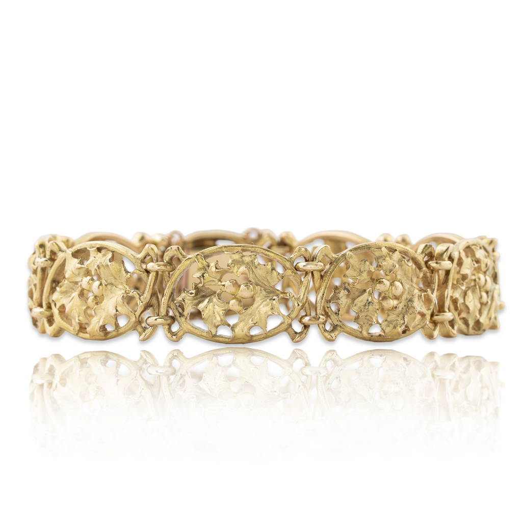 Antique French 18k Yellow Gold Spectacular Holly Bracelet 6.75"