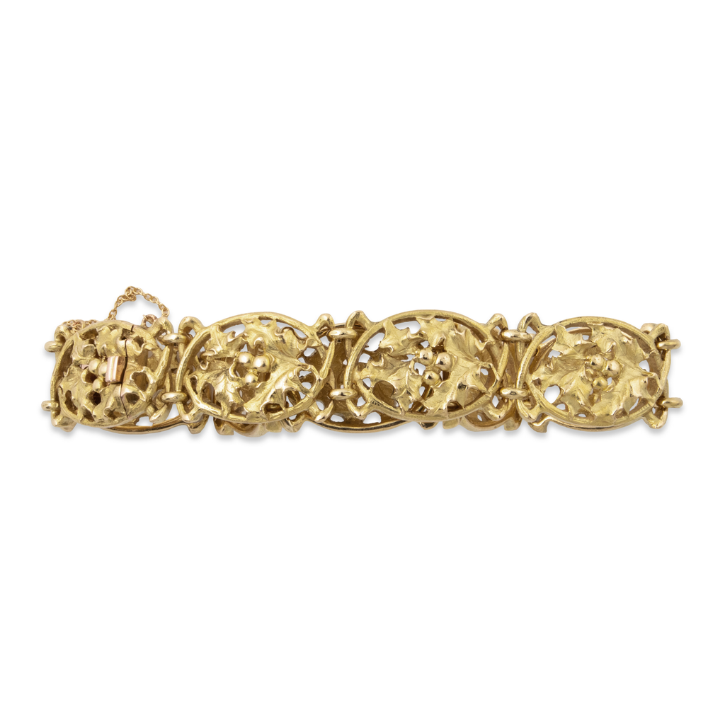 Antique French 18k Yellow Gold Spectacular Holly Bracelet 6.75"