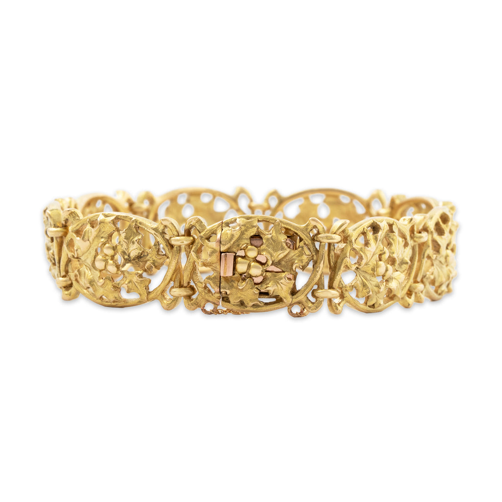 Antique French 18k Yellow Gold Spectacular Holly Bracelet 6.75"