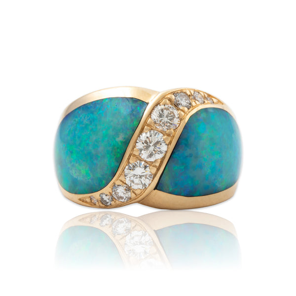 Vintage Large Kabana 14k Yellow Gold Opal .481cttw Diamond Exotic Seascape Ring
