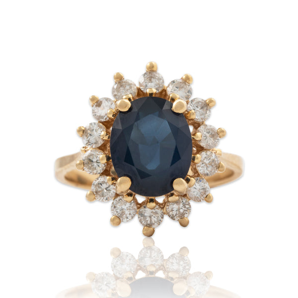 Vintage 14k Yellow Gold 3.12ct Blue Sapphire 1cttw Diamond Halo Ring 6.50