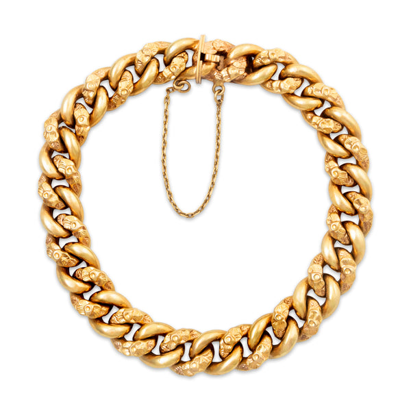 Antique 18k Yellow Gold Blossom Engraved Curb Link Chain Bracelet 7