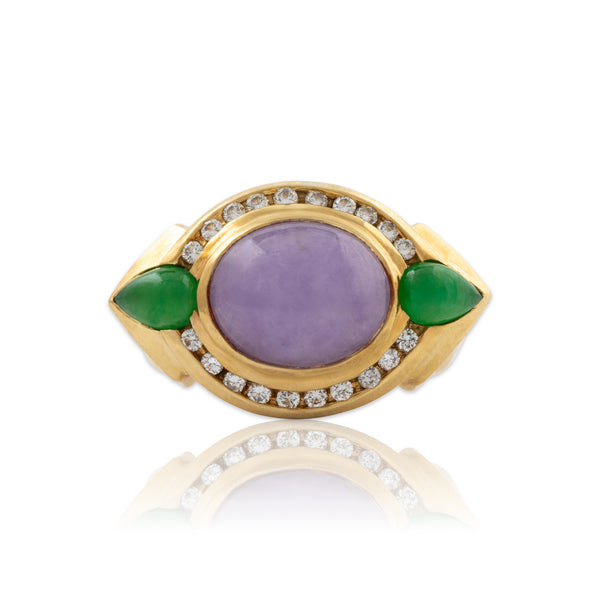 Vintage Heavy 18k Yellow Gold 4.52ct Lavender & Green Jade .32cttw Diamond Ring