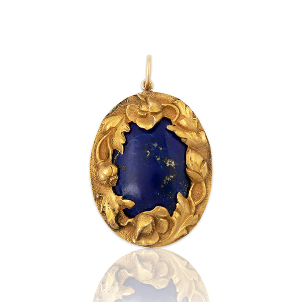 Antique Large 14k Yellow Gold 8.67ct Lapis Lazuli Hand Decorated Floral Pendant