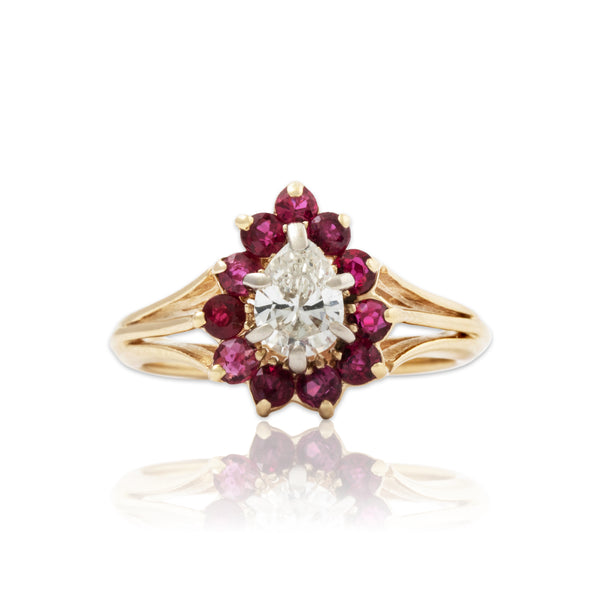 Vintage 14k Yellow Gold .44ct Diamond Ruby Haloed Teardrop Ring 4.25