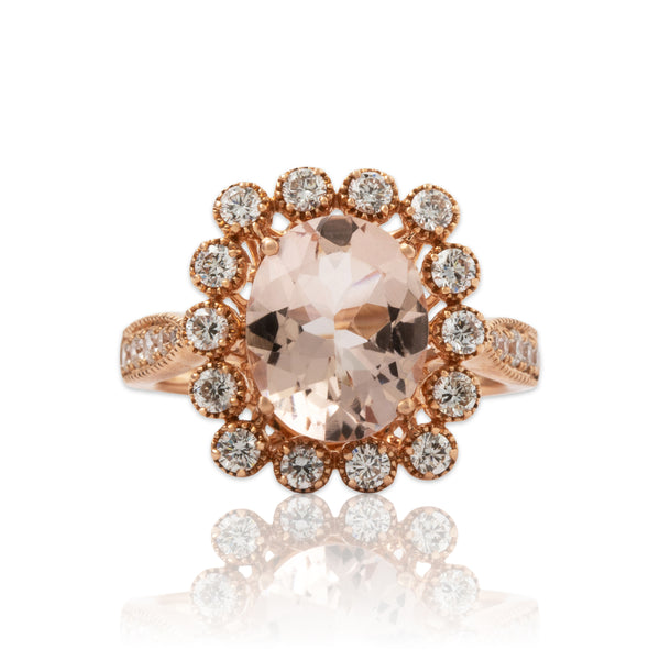 Estate 14k Rose Gold 2ct Morganite .616cttw Diamond Round Halo Cocktail Ring 5.00