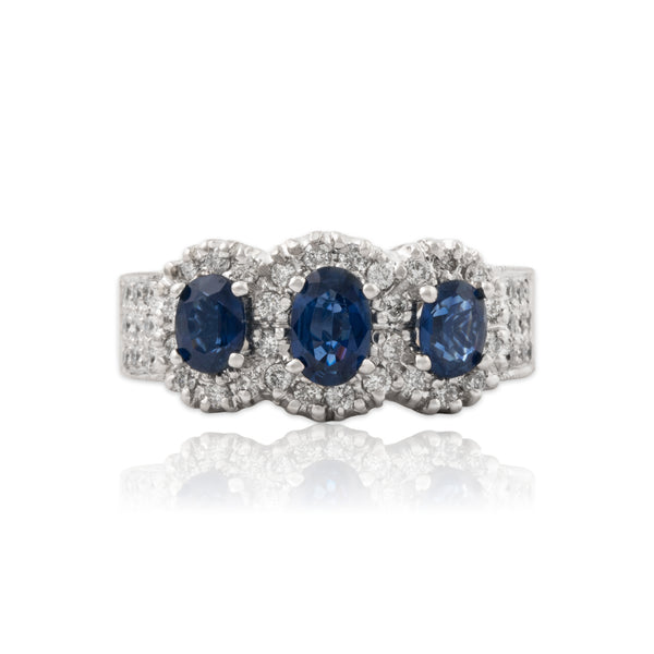 Vintage 14k White Gold 1.24cttw Sapphire .398cttw Diamond Triple Halo Ring 7.50