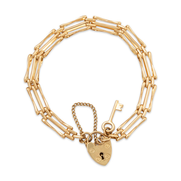 Vintage English 14k Yellow Gold Heart & Key Clasp Link Bracelet 7.25