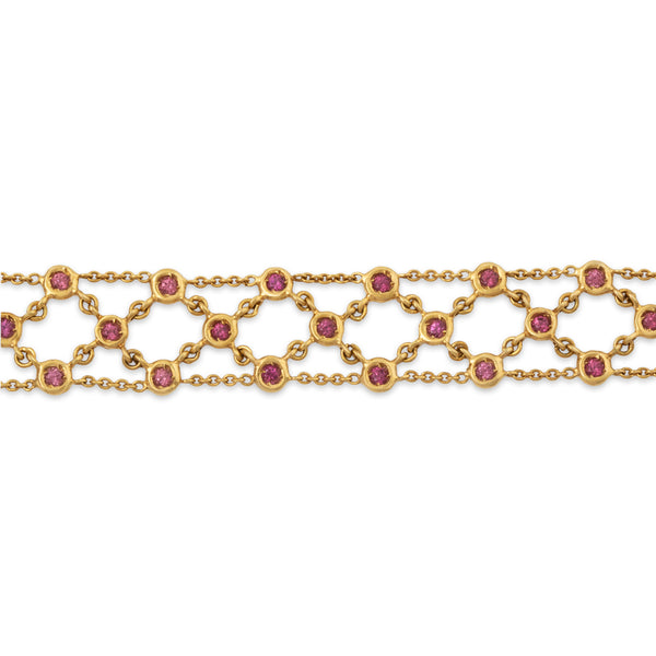 Vintage Italian 14k Yellow Gold 2cttw Pink Garnet Intricate Lattice Bracelet 7