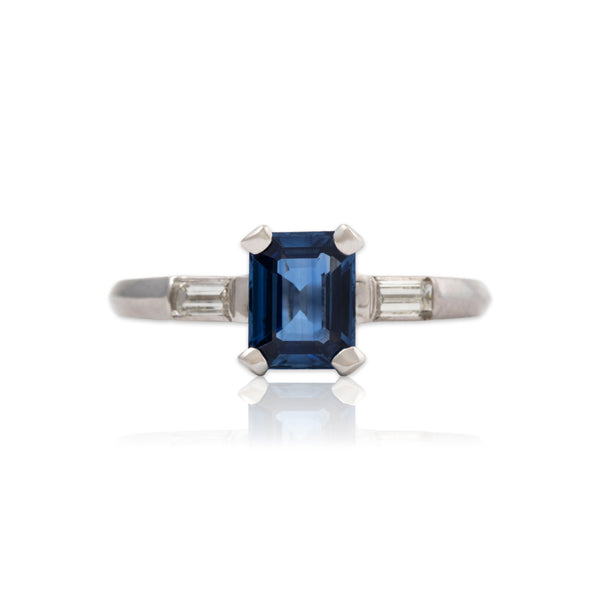 Vintage Refined Platinum Blue Sapphire Diamond Ring 5.75