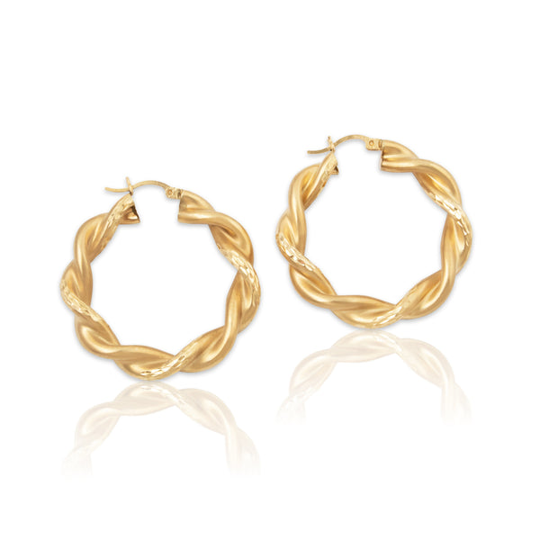Vintage Large 14k Yellow Gold Satin Sparkling Twists Hoop Earrings