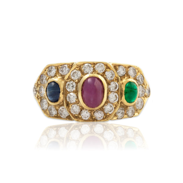 Vintage 14k Yellow Gold Diamond Ruby Sapphire Emerald Statement Ring