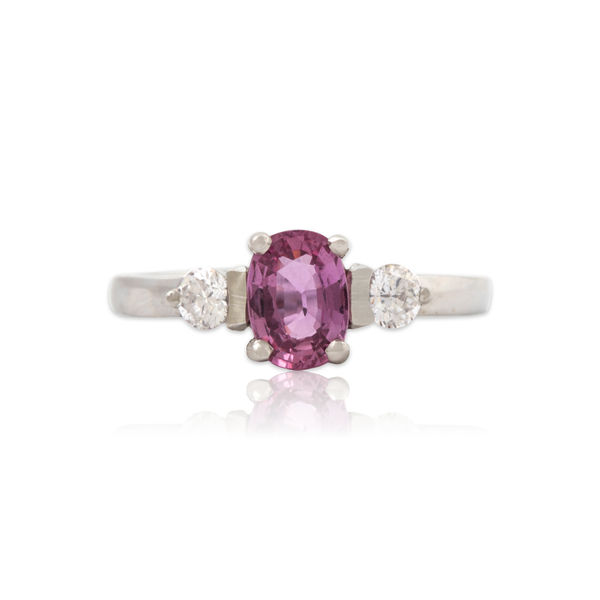 Estate 14k White Gold .93ct Pink Sapphire .26cttw Diamond Trio Ring 6.75