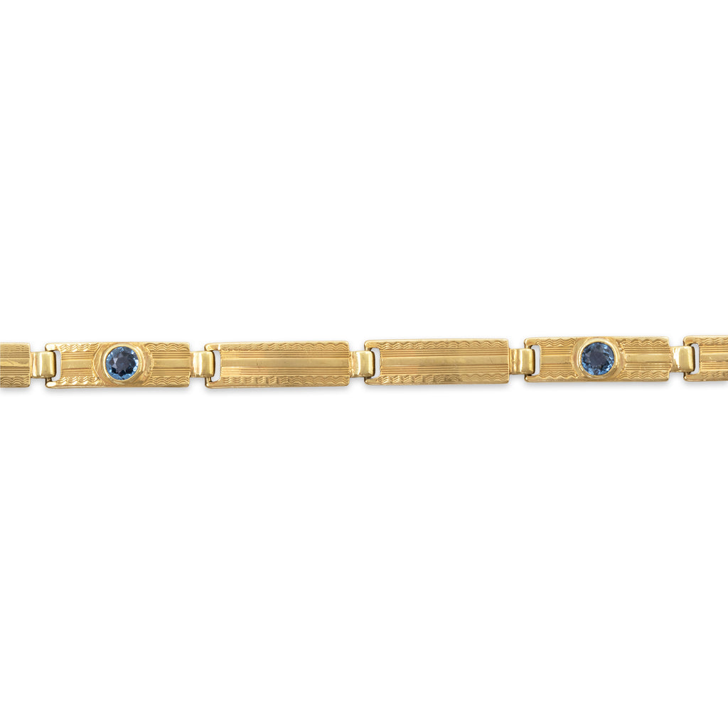 Antique 14k Yellow Gold Synthetic Sapphire Engine Turned Design Bracelet 6.5"
