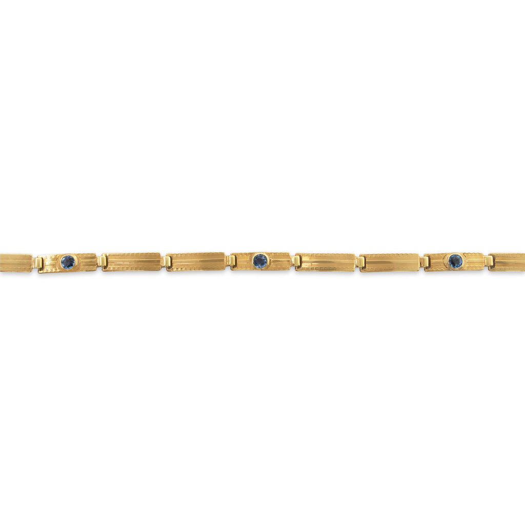 Antique 14k Yellow Gold Synthetic Sapphire Engine Turned Design Bracelet 6.5"