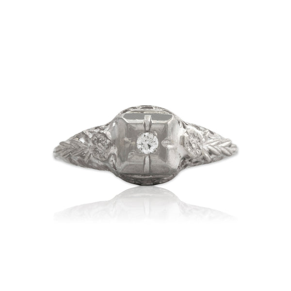 Antique Art Deco 10k White Gold Diamond Blossom Ring 6.00