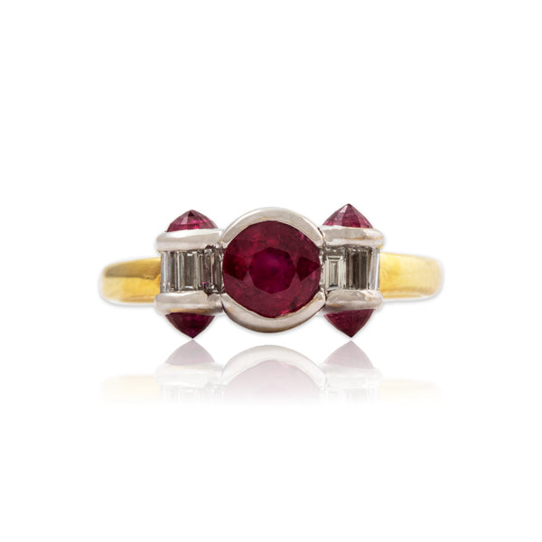 Vintage 18k Yellow & White Gold 1.3cttw Ruby .2cttw Diamond Pointed Accents Ring